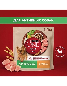 PURINA ONE МИНИ 1,5 кг сухой корм для собак мелких пород с активным образом жизни, с высоким содержанием курицы и с рисом 1х6 {12567504} купить  зоотовары для животных