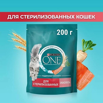 PURINA ONE сухой корм для стерилизованных кошек и кастрированных котов, с высоким содержанием лосося и пшеницей 200г купить 