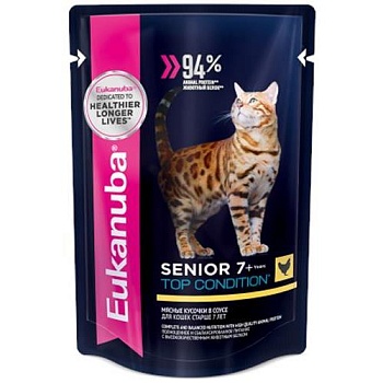 EUKANUBA SENIOR TOP CONDITION CHICKEN пауч влажный корм для кошек старше 7 лет, курица в соусе 24х85г купить 