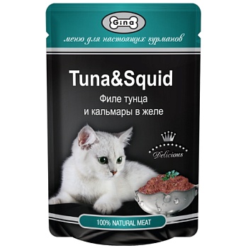 GINA TUNA & SQUID консервы для кошек филе тунца и кальмары в желе 24х86г купить 