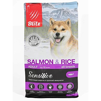 Blitz Adult SALMON & RICE Sensitive корм для взрослых собак всех пород лосось с рисом,1,8кг купить 