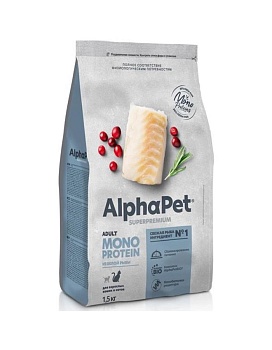 AlphaPet SUPERPREMIUM MONOPROTEIN сухой корм для взрослых кошек из белой рыбы 1,5кг купить  зоотовары для животных