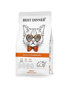 BEST DINNER ADULT DUCK & CRANBERRY сухой корм для взрослых кошек для ухода за кожей и шерстью с уткой и клюквой 10кг купить  зоотовары для животных