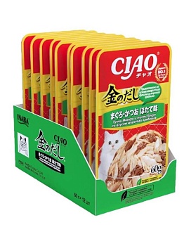 INABA Ciao Kinnodashi пауч для кошек тунец магуро и тунец кацуо со вкусом морского гребешка в желе 12х60г купить  зоотовары для животных