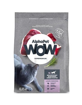 AlphaPet WOW SUPERPREMIUM сухой корм для взрослых домашних кошек и котов с уткой и потрошками 350гр купить  зоотовары для животных