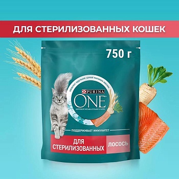 PURINA ONE сухой корм для стерилизованных кошек и кастрированных котов, с высоким содержанием лосося и пшеницей 750г купить 