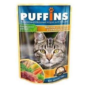 Puffins Консервы для Кошек Мясное Ассорти в Нежном Желе 24х100г купить 