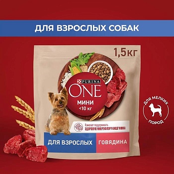 PURINA ONE МИНИ 1,5 кг сухой корм для взрослых собак мелких и карликовых пород с высоким содержанием говядины и рисом 1х6  {12567517} купить 