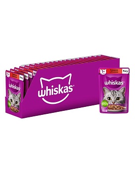 Whiskas консервы для кошек говядина, ягненок в желе 28х75г купить  зоотовары для животных