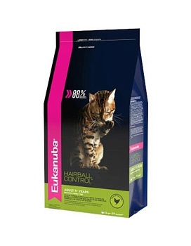 EUKANUBA ADULT HAIRBALL INDOOR сухой корм для взрослых кошек живущих в помещении и способствующий выведению шерсти с домашней птицей 400г купить  зоотовары для животных