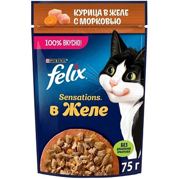 Felix Sensations пауч консервы для кошек, с курицей в желе с морковью 26х75г купить 