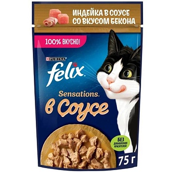 Felix Sensations пауч консервы в удивительном соусе для кошек, индейка с беконом 26х75г купить 