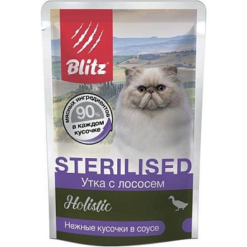 BLITZ Holistic Консервы для стерилизованных кошек и кастрированных котов Утка с лососем в соусе пауч 24х85гр купить 