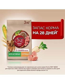 PURINA ONE МИНИ 3 кг сухой корм для взрослых собак мелких пород, с высоким содержанием курицы и с рисом 1х4 {12554140} купить  зоотовары для животных