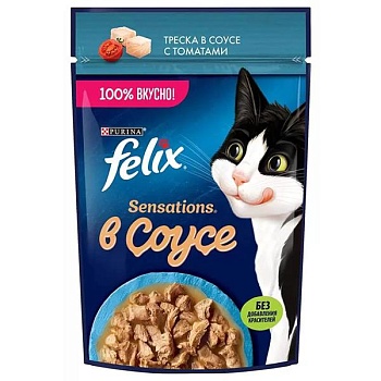 Felix Sensations пауч консервы в удивительном соусе для кошек, треска с томатами 26х75г купить 