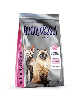 BUDDY SOL CARE ADULT HAIR & SKIN сухой корм для взрослых кошек для здоровья кожи и шерсти с индейкой и лососем 2кг купить  зоотовары для животных