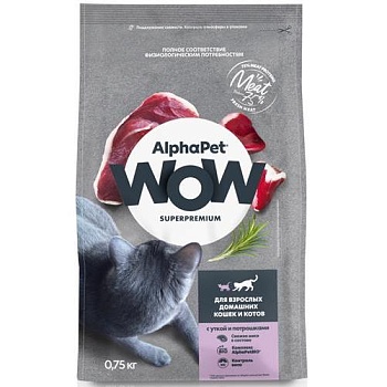 AlphaPet WOW SUPERPREMIUM сухой корм для взрослых домашних кошек и котов с уткой и потрошками 750гр купить 