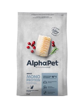 AlphaPet SUPERPREMIUM MONOPROTEIN сухой корм для взрослых кошек из белой рыбы 3кг купить  зоотовары для животных