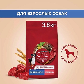 PURINA ONE для собак средних и крупных пород Говядина Рис 3,8кг купить 