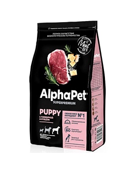 ALPHAPET SUPERPREMIUM сухой корм для щенков до 6 месяцев, беременных и кормящих собак крупных пород с говядиной и рубцом 1,5кг купить  зоотовары для животных