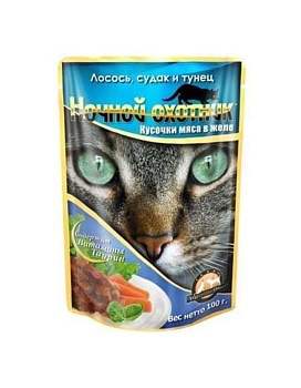 Ночной Охотник Консервы для Кошек Лосось, Судак, Тунец Кусочки в Желе 24х100г купить  зоотовары для животных