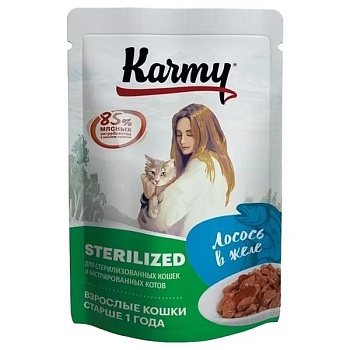 KARMY STERILIZED корм для кошек пауч Лосось в желе 24х80г купить 