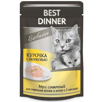 Best Dinner Exclusive консервы для кошек и котят с 1 месяца мусс сливочный с курочкой и морковью пауч 24х85г купить 