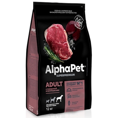 ALPHAPET SUPERPREMIUM сухой корм для взрослых собак крупных пород с говядиной и потрошками 12кг