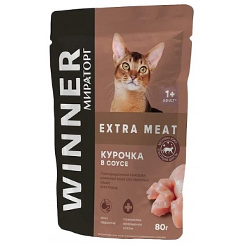 WINNER Extra Meat Корм пауч полнорационный для взрослых кошек всех пород с Курочкой в соусе 24х80гр купить 