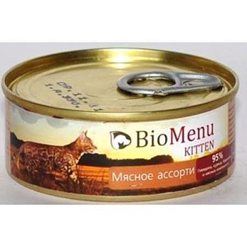 Biomenu Kitten Консервы для Котят Паштет Мясное Ассорти 95%-Мясо 100г купить 