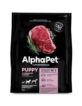 ALPHAPET SUPERPREMIUM сухой корм для щенков, беременных и кормящих собак средних пород с говядиной и рисом 7кг купить  зоотовары для животных