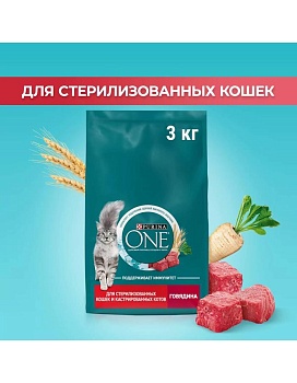 PURINA ONE сухой корм для стерилизованных кошек и кастрированных котов, с высоким содержанием говядины и пшеницей 3кг купить  зоотовары для животных
