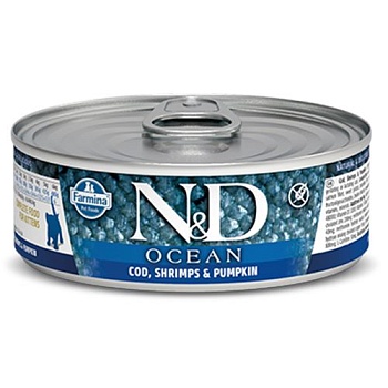 FARMINA N&D OCEAN консервы беззерновые для Котят треска с креветками и тыквой 80г купить 