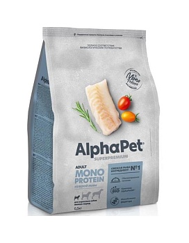 ALPHAPET SUPERPREMIUM MONOPROTEIN сухой корм для взрослых собак мелких пород из белой рыбы 500г купить  зоотовары для животных