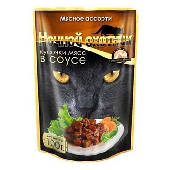 Ночной Охотник Консервы для Кошек Мясное Ассорти Кусочки в Соусе 24х100г купить 