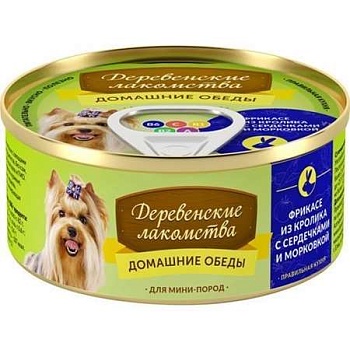 Деревенские лакомства "Домашние обеды" Консервы для собак мини пород Фрикасе из кролика с сердечкам 5х100г купить 