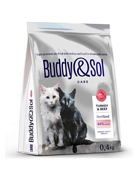 BUDDY SOL CARE STERILIZED сухой корм для взрослых стерилизованных кошек с индейкой и говядиной 400г купить  зоотовары для животных