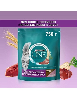 PURINA ONE сухой корм для взрослых кошек с чувствительным пищеварением и разборчивым вкусом в еде, с высоким содержанием утки и печени 750г купить  зоотовары для животных