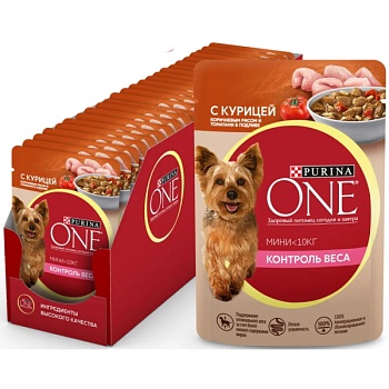 Purina ONE МИНИ Контроль веса для собак, с курицей, рисом и томатами 26х85гр купить  зоотовары для животных