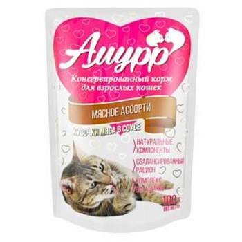 АМУРР 100г Консервы для кошек кусочки мяса в соусе мясное ассорти пауч 24х100г купить 