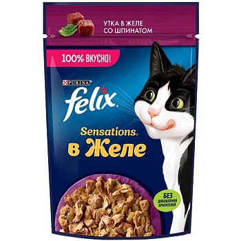 Felix Sensations пауч консервы для кошек, с уткой в желе со шпинатом 26х75г купить 
