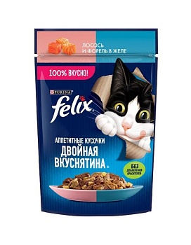Felix пауч консервы для кошек аппетитные кусочки в желе двойная вкуснятина с лососем и форелью 26х75г купить  зоотовары для животных