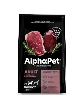 ALPHAPET SUPERPREMIUM ADULT сухой корм для взрослых собак средних пород с говядиной и потрошками 12кг купить  зоотовары для животных