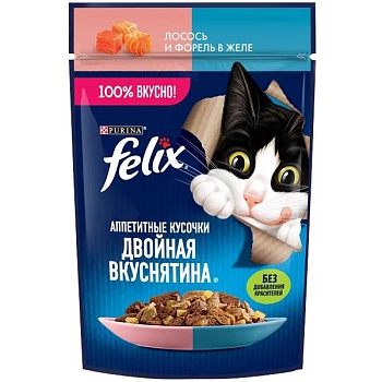 Felix пауч консервы для кошек аппетитные кусочки в желе двойная вкуснятина с лососем и форелью 26х75г купить 