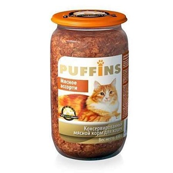 Puffins Консервы для Кошек Мясное Ассорти Стекло 8х650гр купить 