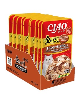 INABA Ciao Kinnodashi пауч для кошек тунец магуро и тунец кацуо с палтусом в желе 12х60г купить  зоотовары для животных