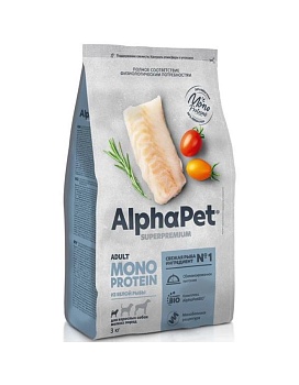 ALPHAPET SUPERPREMIUM MONOPROTEIN сухой корм для взрослых собак мелких пород из белой рыбы 3кг купить  зоотовары для животных