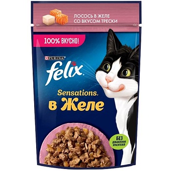 Felix Sensations пауч консервы для кошек, лосось и треска 26х75г купить 
