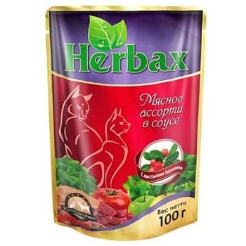 Herbax консервы для кошек мясное ассорти в соусе с листьями брусники 24х100г купить 