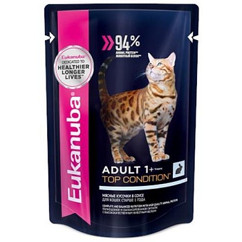 EUKANUBA ADULT TOP CONDITION RABBIT пауч влажный корм для взрослых кошек, кролик в соусе 24х85г купить 
